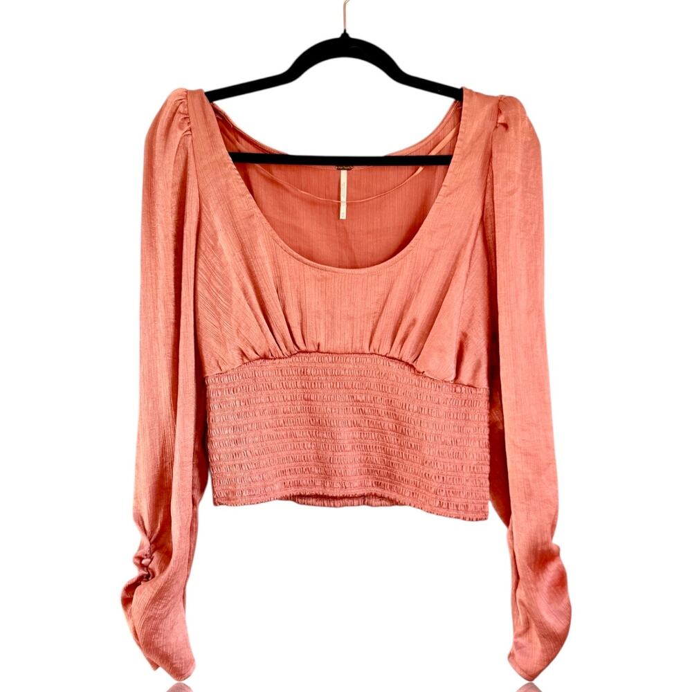 Free People Santiago Satin Top Pink Cinnamon Smocked Puff Sleeve Crop Blouse M